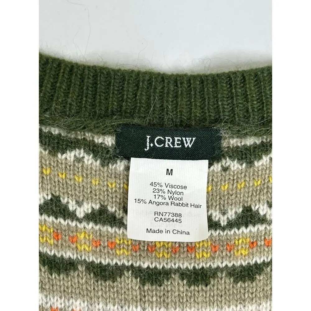 J. Crew Womens M Green Fair Isle V-Neck Knit Vest Wool Angora Blend Sweater